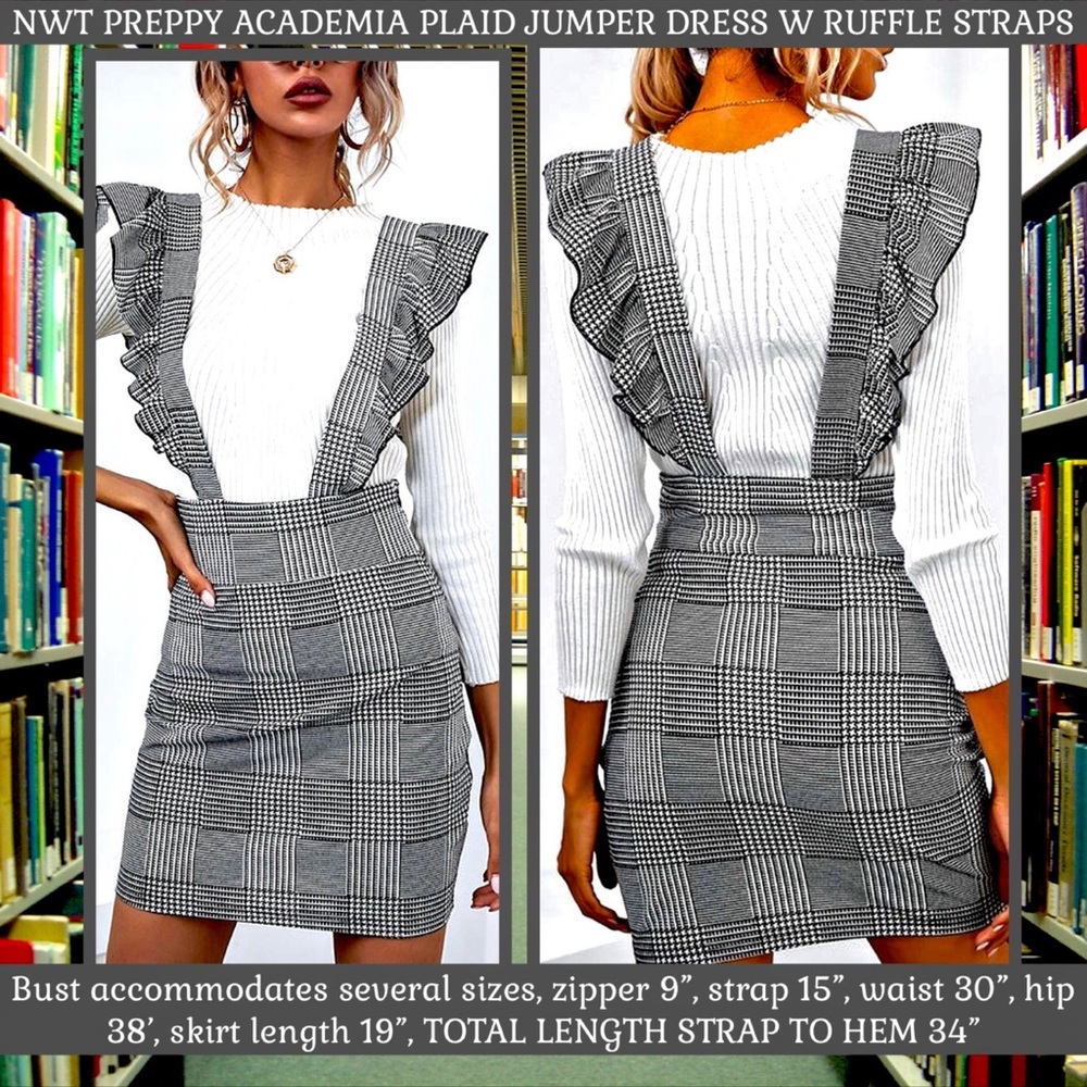 NWT JRS XL PREPPY DARK ACADEMIA PLAID MINI SKIRT W RUFFLE DETAIL STRAPS STRETCHY